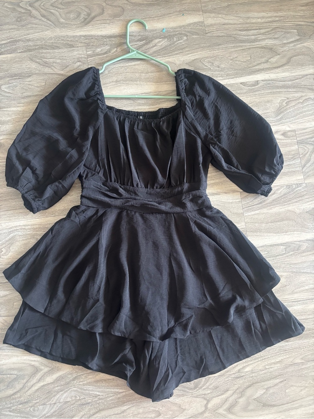Black Puff Sleeve Tiered Romper